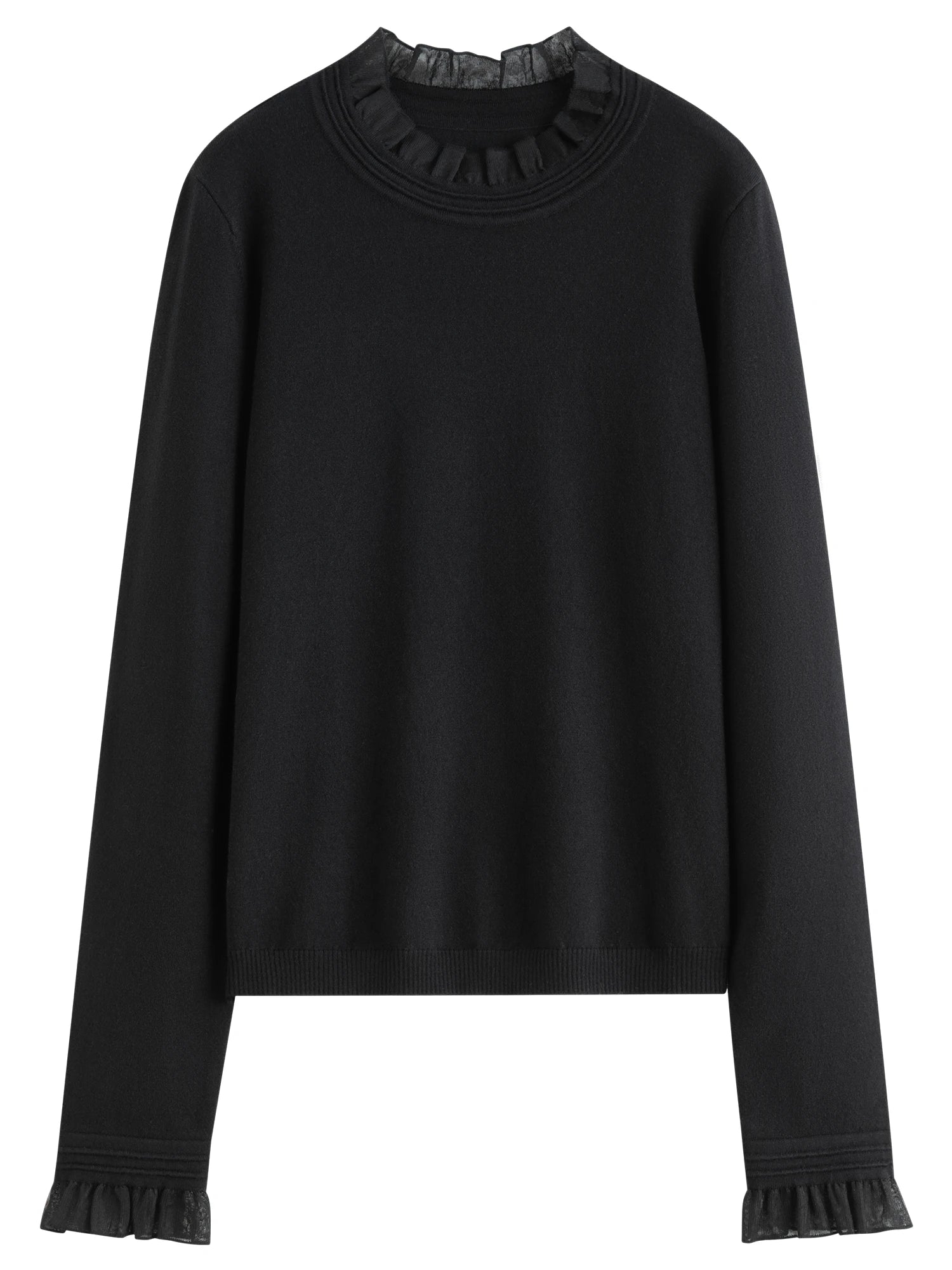High-Neck Ruffled Knitted Slim-Fit Sweater